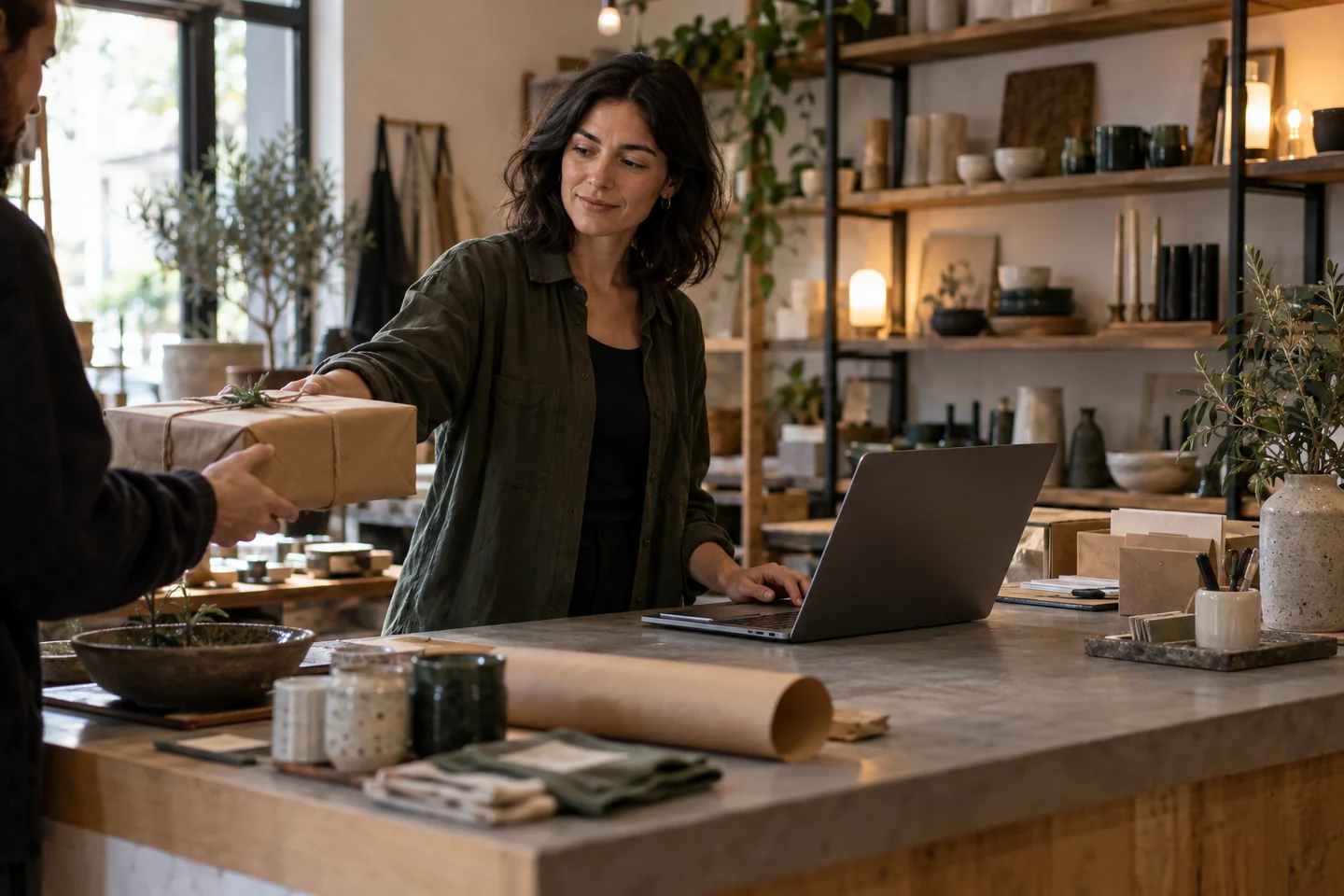 A shop owner handing over a packed order beside her laptop in a homewares store.